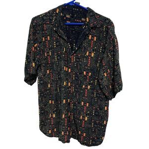 Shah Safari Vintage Geometric Pattern Black Red Boho Button Up Rayon Shirt XL